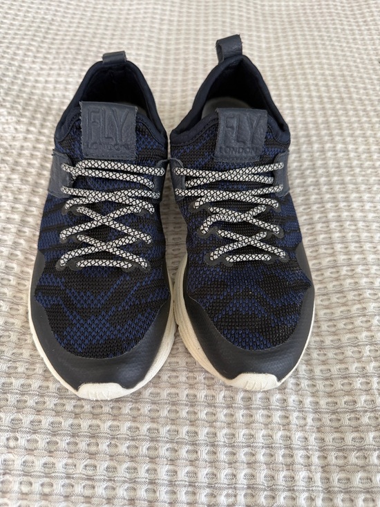 Fly London Shoes - Fly London woman’s Navy and Black Knit Sneaker with Contrast Laces in size 37.